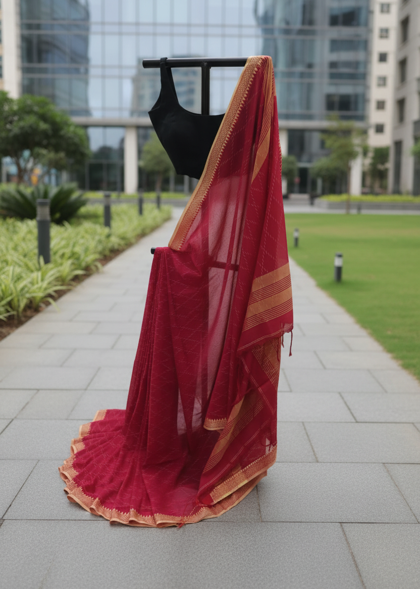 A red saree with gold zari borders draped over a black dress form, set outdoors on a paved walkway with a modern glass building and green lawn in the background.
