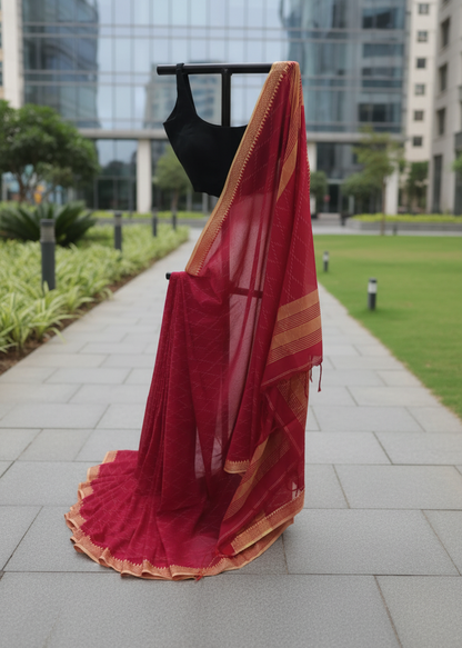 A red saree with gold zari borders draped over a black dress form, set outdoors on a paved walkway with a modern glass building and green lawn in the background.