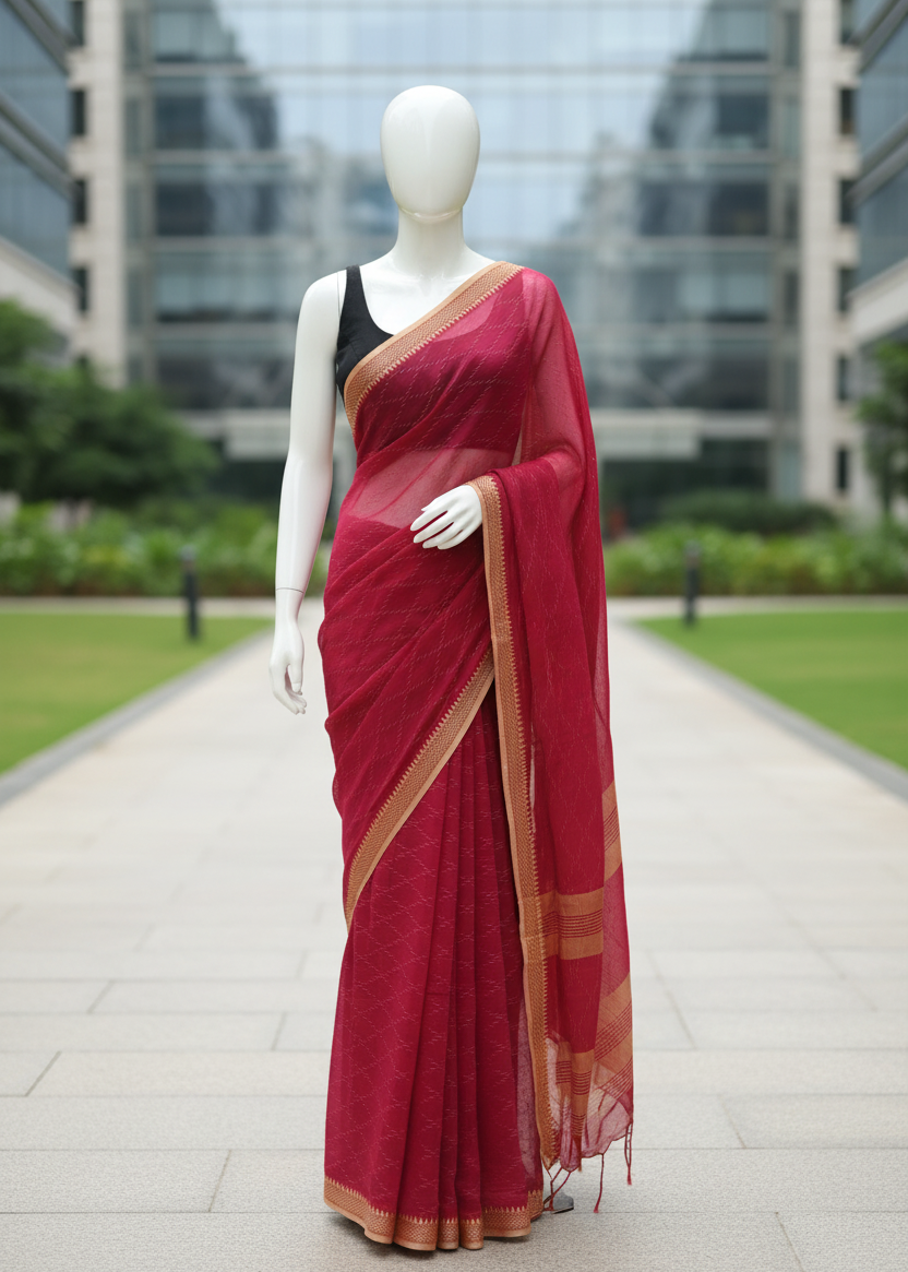 A deep red saree with gold borders displayed on a white mannequin outdoors on a paved walkway with greenery and modern buildings in the background.