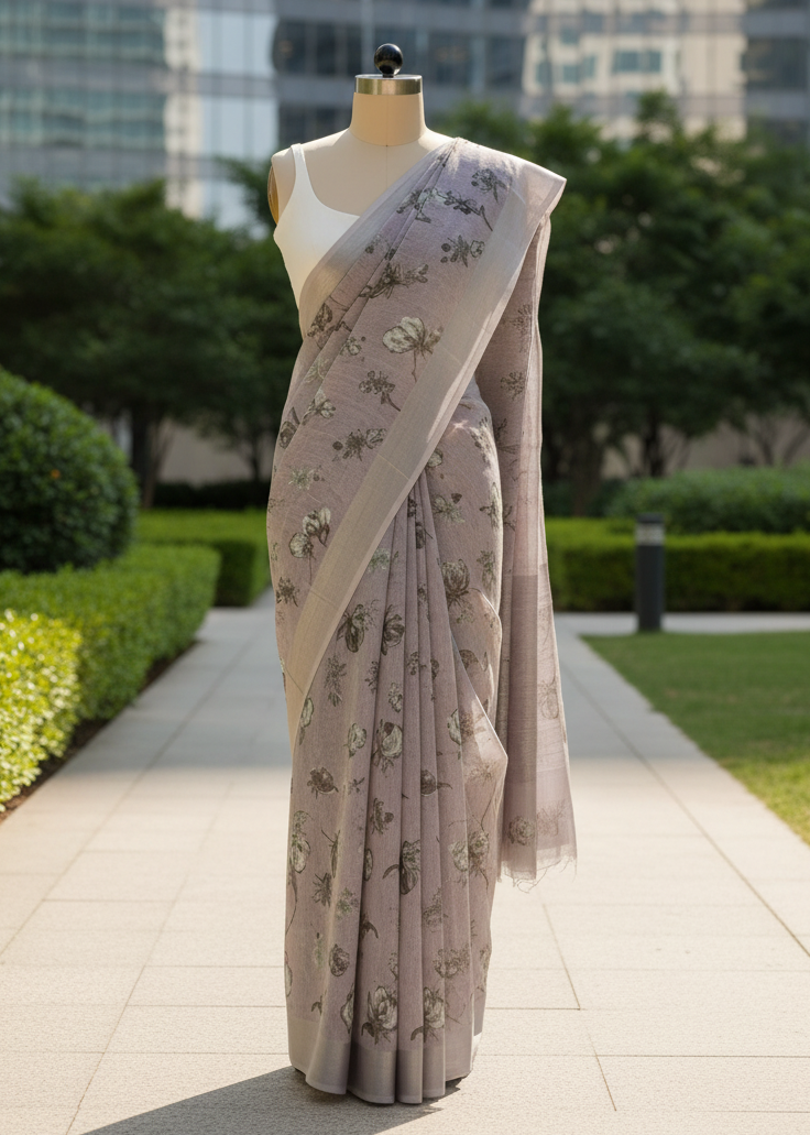 Lilac Smoke Printed Linen saree