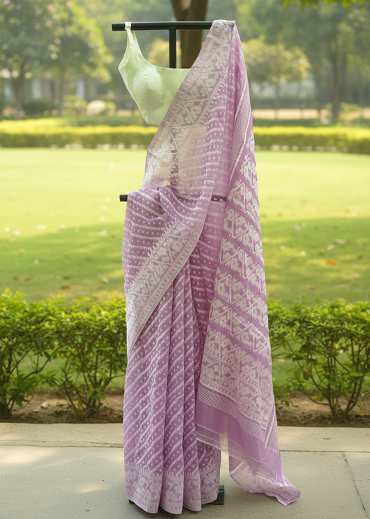 A lavender and white patterned saree draped on a black clothing stand, paired with a light green sleeveless blouse, set against a blurred background of a green park.
