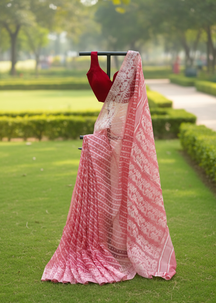 A pink and white patterned saree draped over a black clothing stand, paired with a dark red sleeveless blouse, set against a blurred green park background.