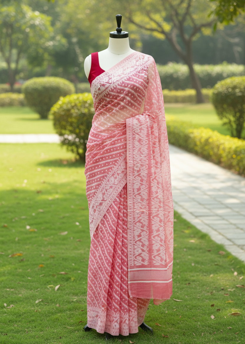 A pink and white patterned saree displayed on a black mannequin outdoors on a green lawn, with a red sleeveless blouse underneath.