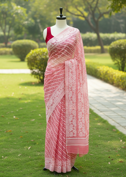 A pink and white patterned saree displayed on a black mannequin outdoors on a green lawn, with a red sleeveless blouse underneath.