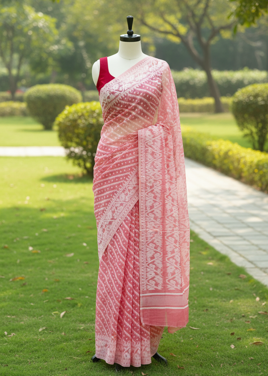 A pink and white patterned saree displayed on a black mannequin outdoors on a green lawn, with a red sleeveless blouse underneath.