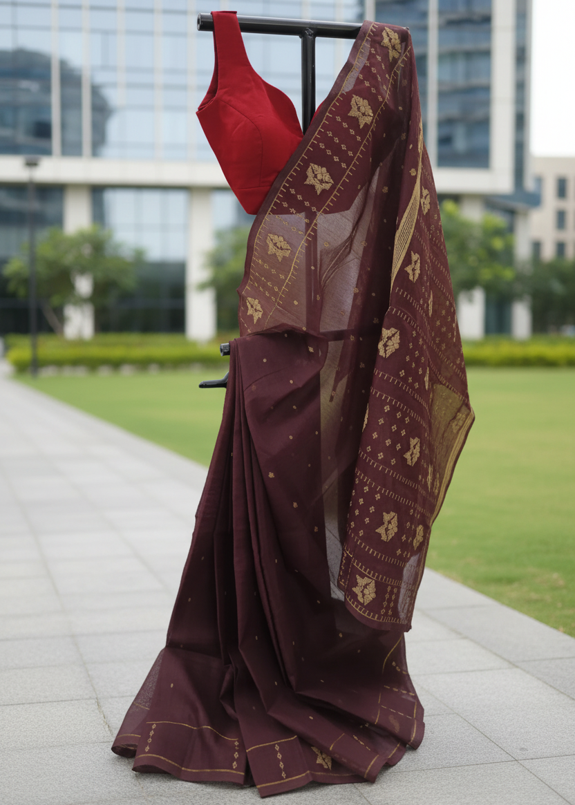 A dark brown and gold patterned saree draped on a black clothing stand outdoors, paired with a bright red sleeveless blouse. The background shows a blurred modern glass building and green grass.