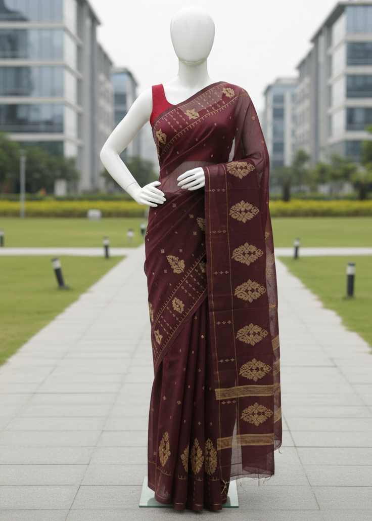 A mannequin wearing a deep maroon saree with gold geometric patterns and a red sleeveless blouse, standing on a paved path in front of modern glass buildings and green lawns.