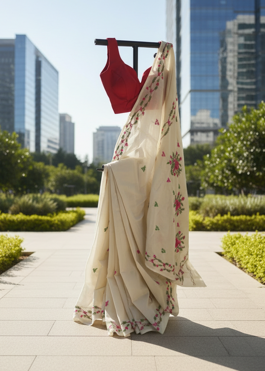 Madhurima Ivory Threadwork — Full Saree, Corporate Park Background