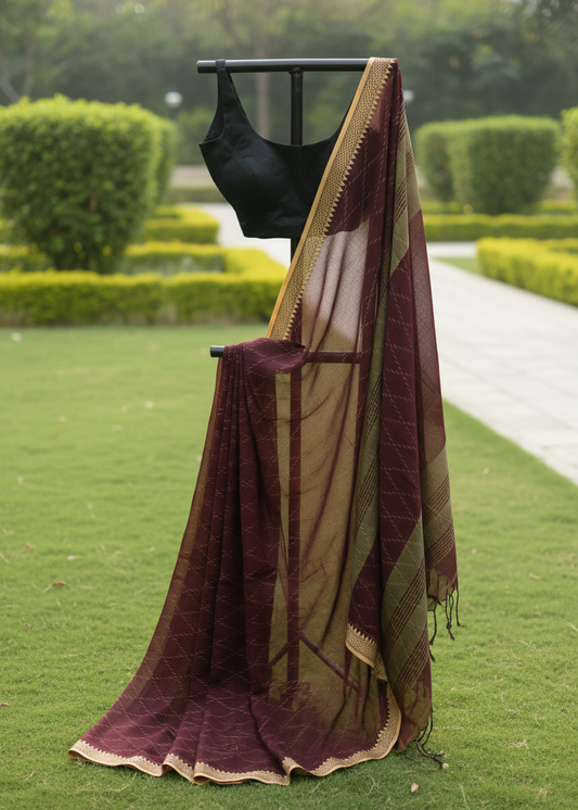 A draped saree with a deep maroon body, beige and olive green stripes, and a gold border, displayed on a black clothing stand in an outdoor garden setting.
