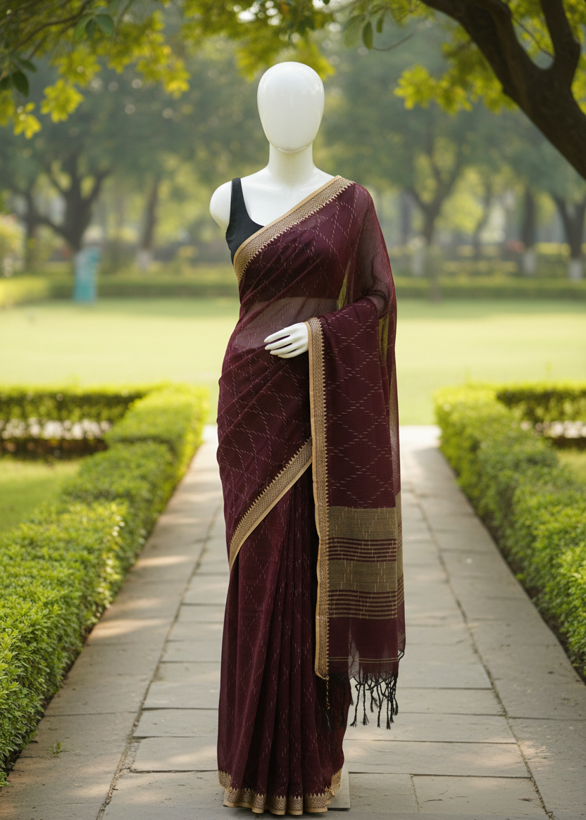 A dark maroon saree with gold zari embroidery and a black blouse displayed on a white mannequin standing on a stone pathway in a lush green park.