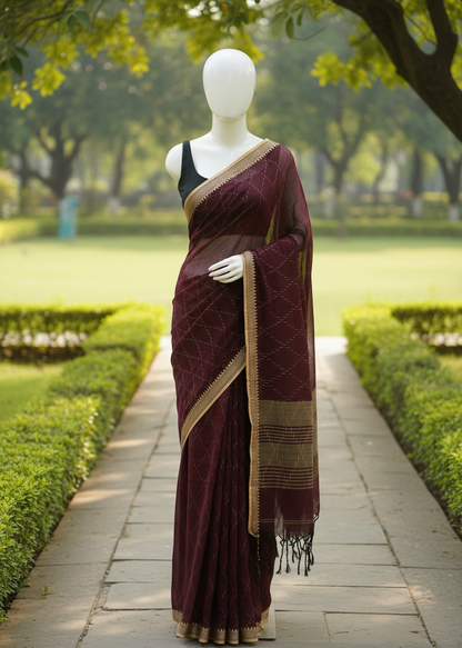 A dark maroon saree with gold zari embroidery and a black blouse displayed on a white mannequin standing on a stone pathway in a lush green park.