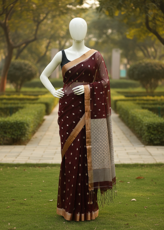 A dark maroon saree with small white motifs, a beige border, and a matching beige and gray patterned dupatta, displayed on a white mannequin in an outdoor garden setting.