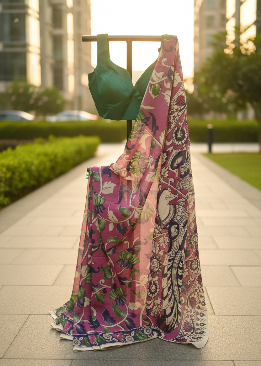 A pink floral printed saree draped over a wooden hanger with a green sleeveless blouse, set on a paved walkway outdoors with a blurred urban background.