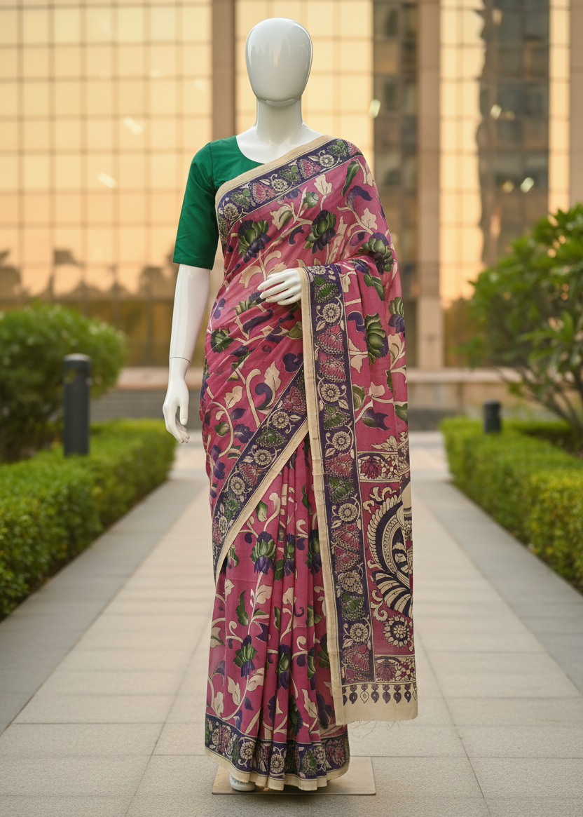 A pink and green printed saree displayed on a white mannequin outdoors on a paved walkway, with a modern glass building and green hedges in the background.