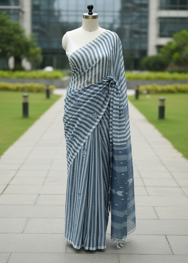 A blue and white striped saree draped on a mannequin torso, set against a blurred background of a modern glass building and green lawn.