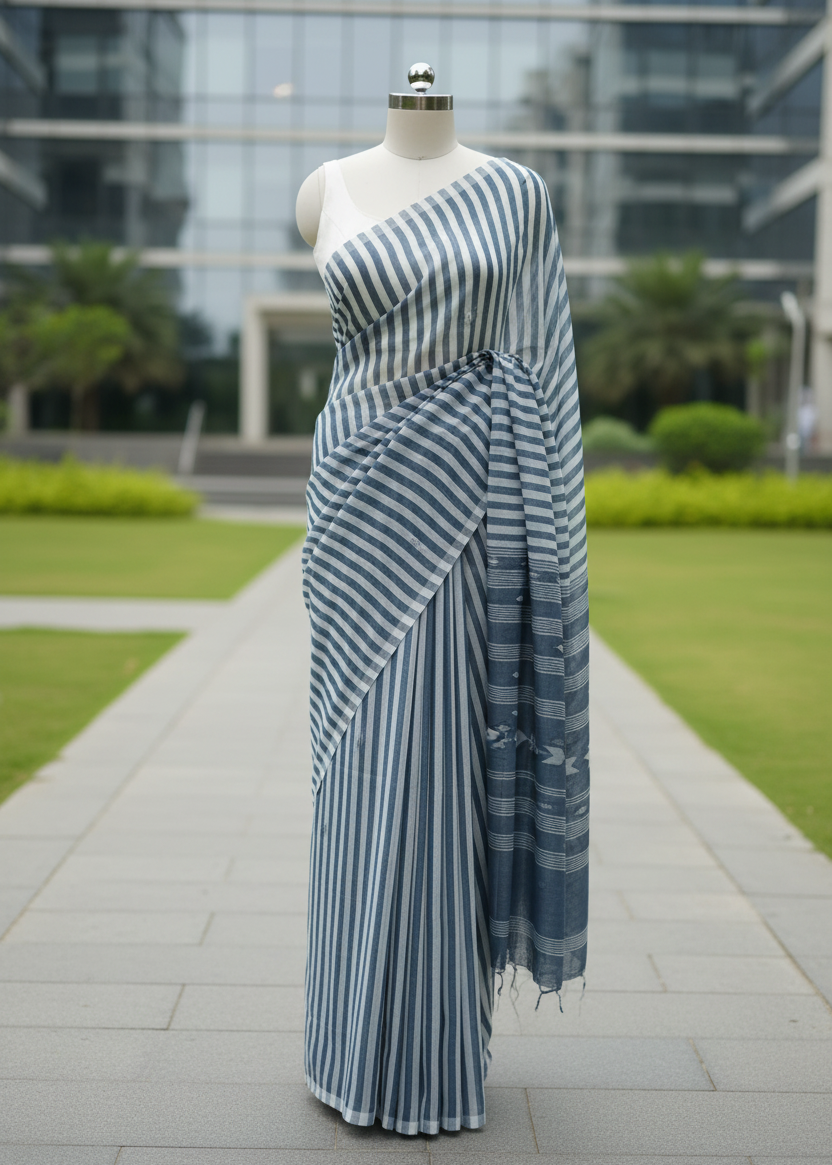 A blue and white striped cotton saree draped on a white mannequin torso, set against a blurred background of a modern glass building and green lawn.