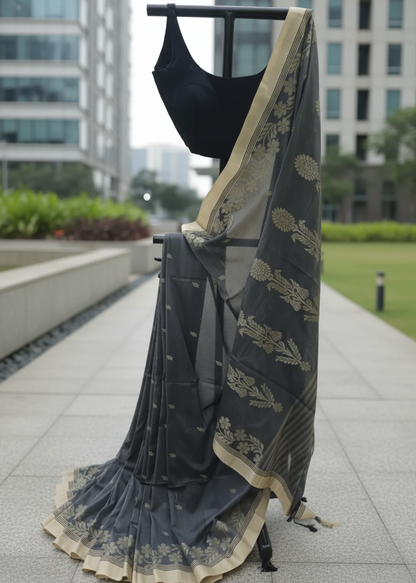 A black saree with beige floral block prints and borders, displayed on a black clothing stand outdoors on a paved walkway with modern buildings and greenery in the background.