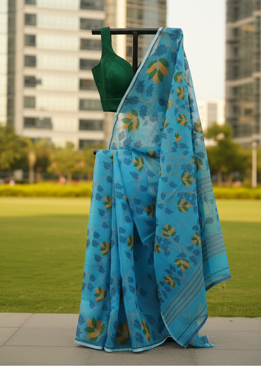 A blue saree with yellow and green floral motifs draped on a black clothing stand, paired with a dark green blouse, set against a blurred background of a park and modern high-rise buildings.