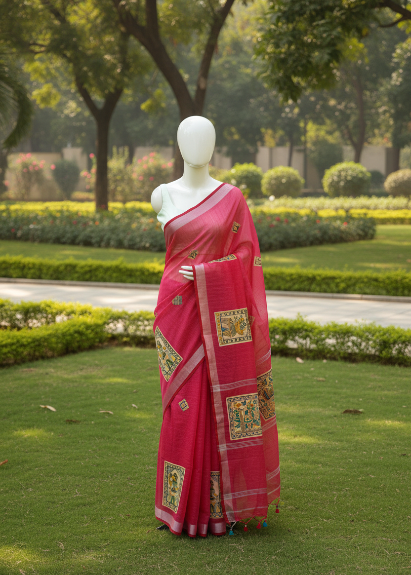 A bright pink saree with gold and green traditional border patterns displayed on a white mannequin in a lush green garden setting.