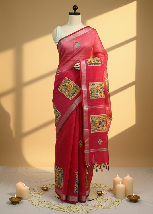 A pink silk saree with gold and multicolor floral patterns and a striped border, displayed on a mannequin against a warm beige background with decorative candles and flower petals.