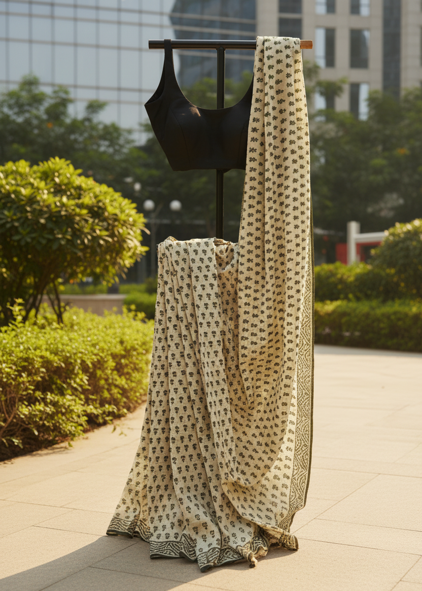 Moon Ink Maheshwari Dhabu cotton saree