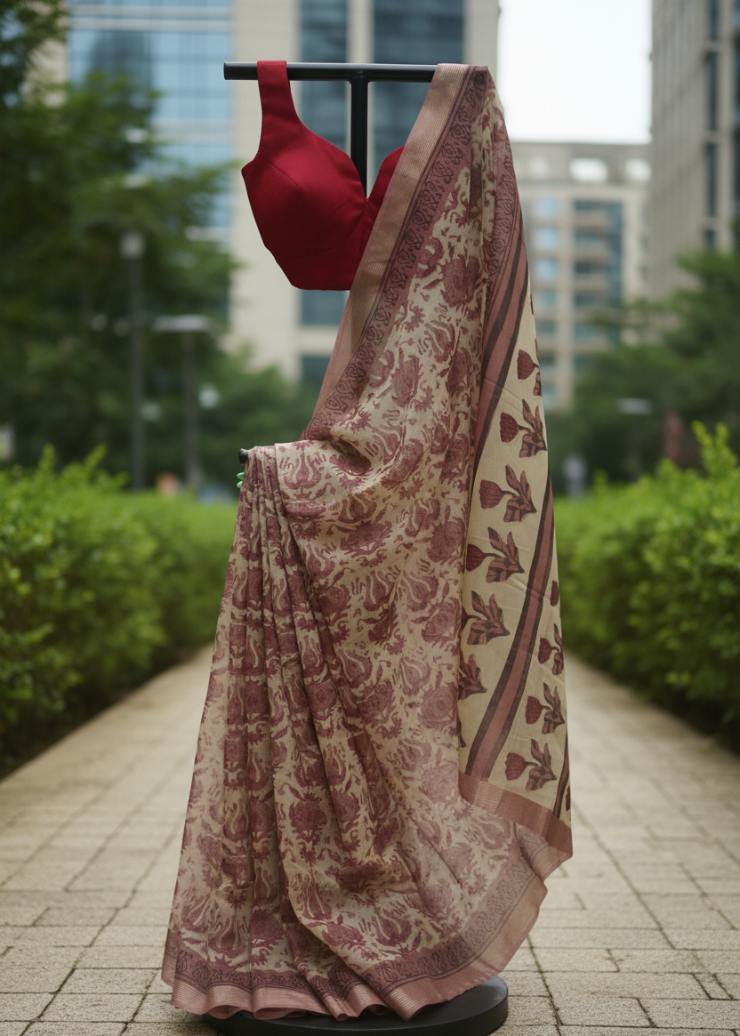A beige and dusty rose printed saree draped on a black dress form mannequin, paired with a solid red blouse, set against an outdoor background of green hedges and city buildings.
