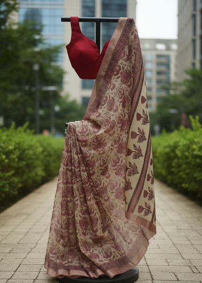 A beige and dusty rose printed saree draped on a black dress form mannequin, paired with a solid red blouse, set against an outdoor background of green hedges and city buildings.