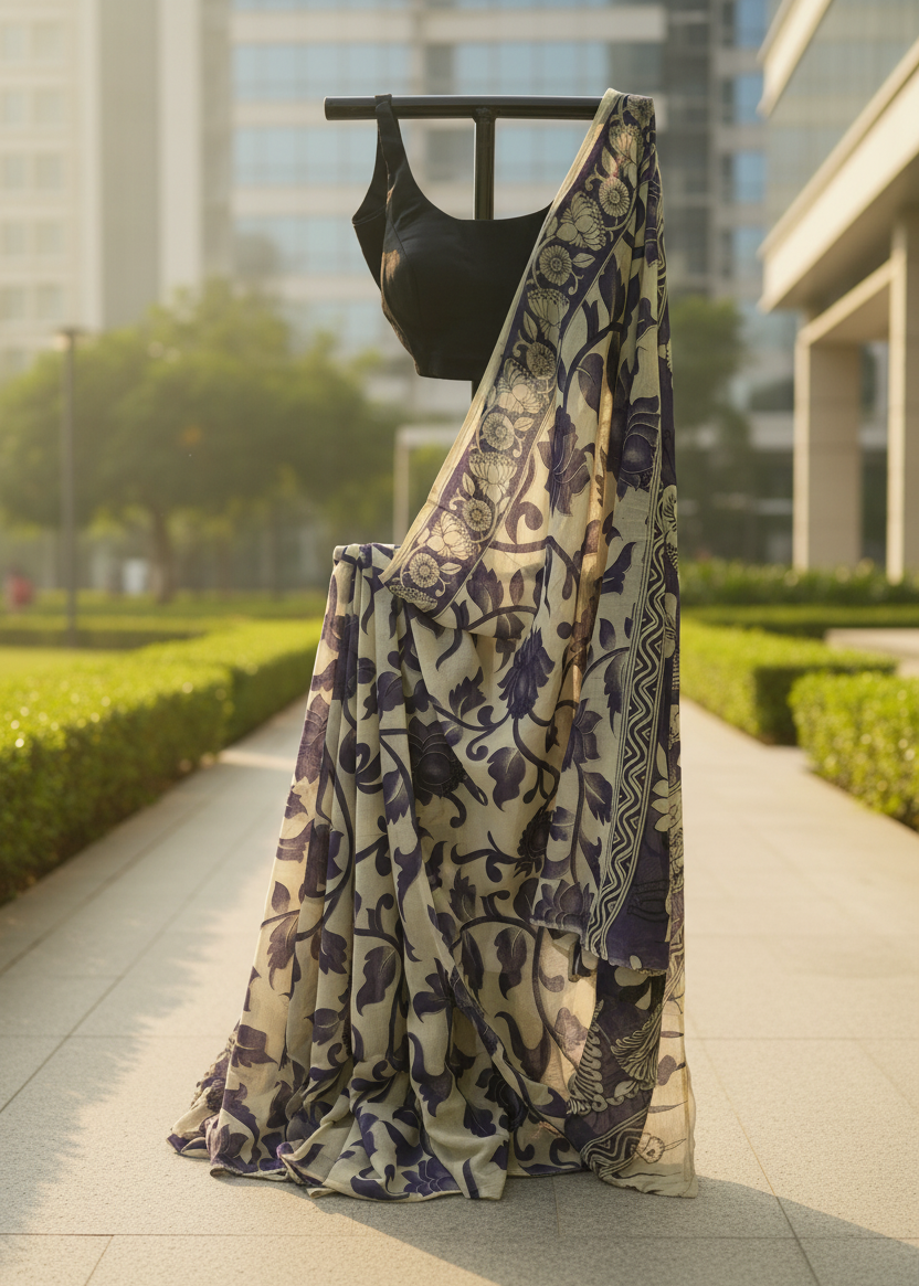 A draped saree with a cream base and dark purple floral and geometric patterns, paired with a black sleeveless blouse, displayed on a black clothing hanger outdoors on a paved walkway.