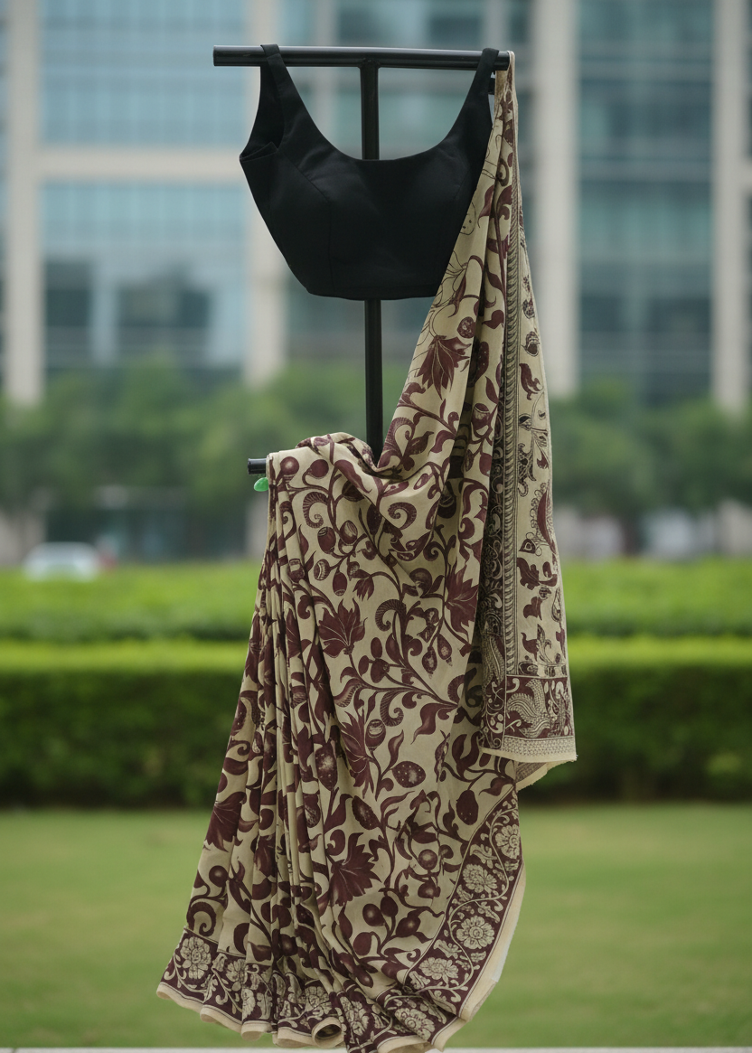 A beige saree with a dark brown floral pattern draped on a black clothing stand, paired with a black sleeveless blouse, set against a blurred background of green hedges and modern glass buildings.