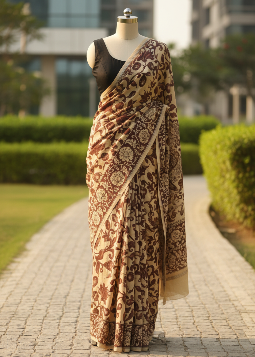 A beige and brown patterned saree draped on a mannequin, paired with a black sleeveless blouse, set against a blurred outdoor garden background.