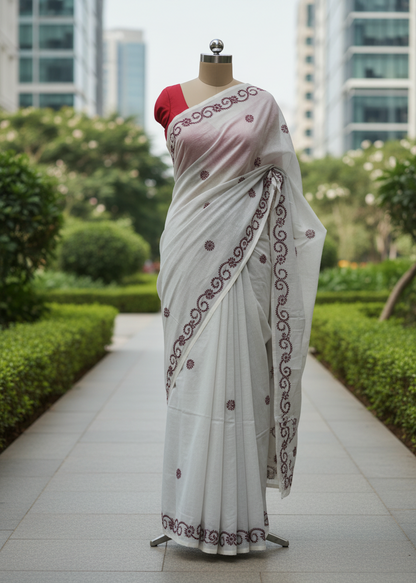 Mrinalini Ivory Threadwork cotton saree