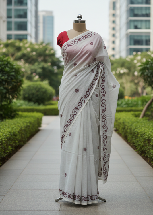 Mrinalini Ivory Threadwork cotton saree