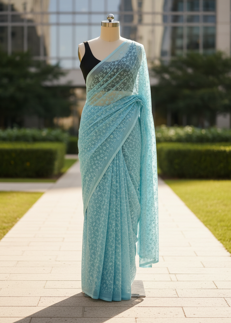 Neelchaaya Chikankari Work saree