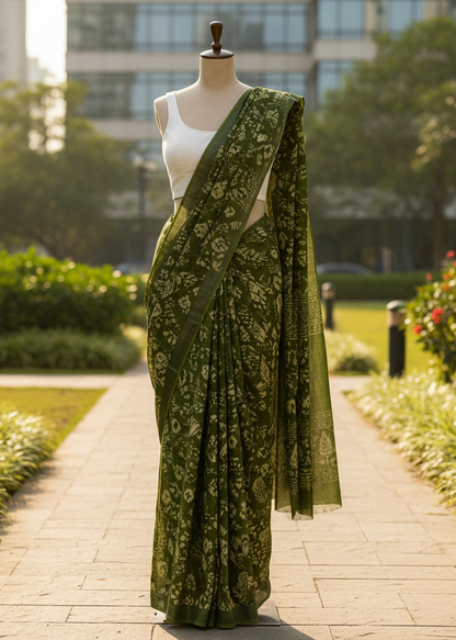 Neelharit Ajrakh Linen saree