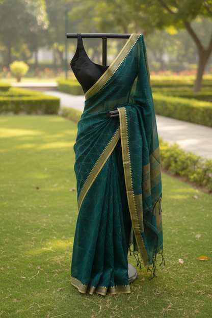 A dark teal green saree with a gold border and a black blouse displayed on a black clothing stand in a park setting.