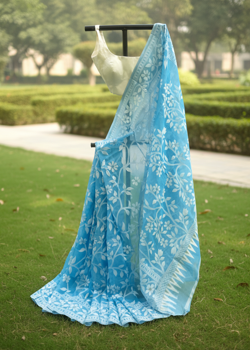 A light blue saree with white floral and leaf patterns draped over a black clothing stand, set against a blurred background of a green lawn and garden path.