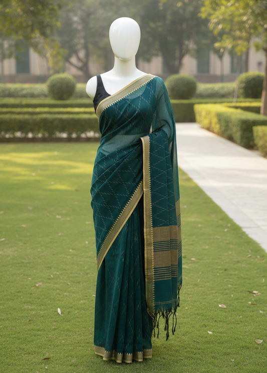 A dark teal green saree with gold and beige borders, draped on a white mannequin outdoors on a green lawn with a garden path in the background.