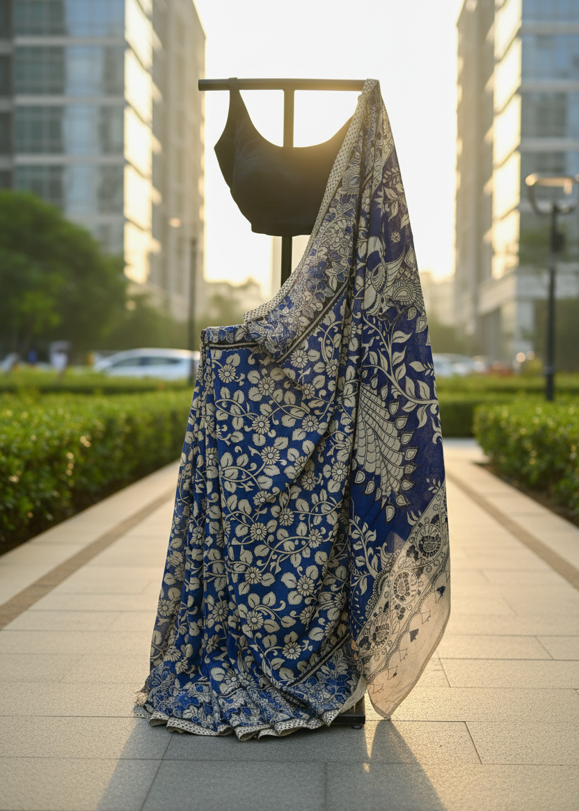 A blue and white floral printed saree draped over a black dress form on an outdoor city sidewalk with buildings and greenery in the background.