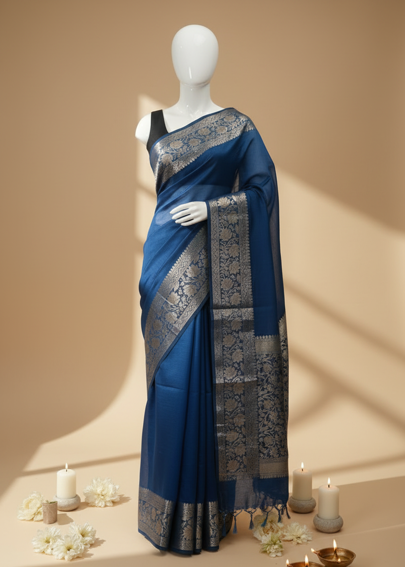 A royal blue saree with intricate silver and gold zari woven patterns, displayed on a white mannequin. The setting features a warm beige background with soft window shadows, decorative white flowers, and lit candles on the floor.