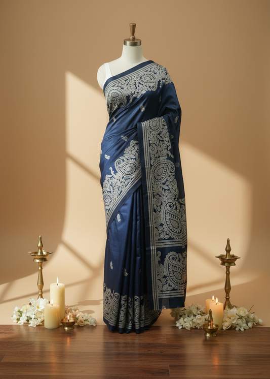 A navy blue saree with intricate white and silver paisley and floral embroidery, displayed on a mannequin. The mannequin is set on a wooden floor against a warm beige wall, decorated with lit candles and white flowers.