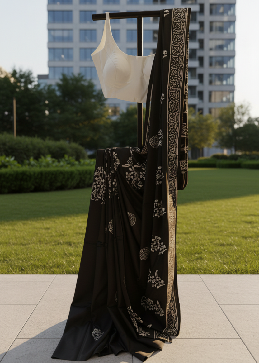 Night Garden Black Floral Block Print cotton saree