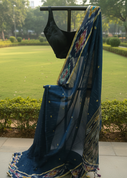 A navy blue sheer saree with colorful printed borders and tassels, draped over a black clothing stand outdoors on a paved walkway with a green lawn in the background.