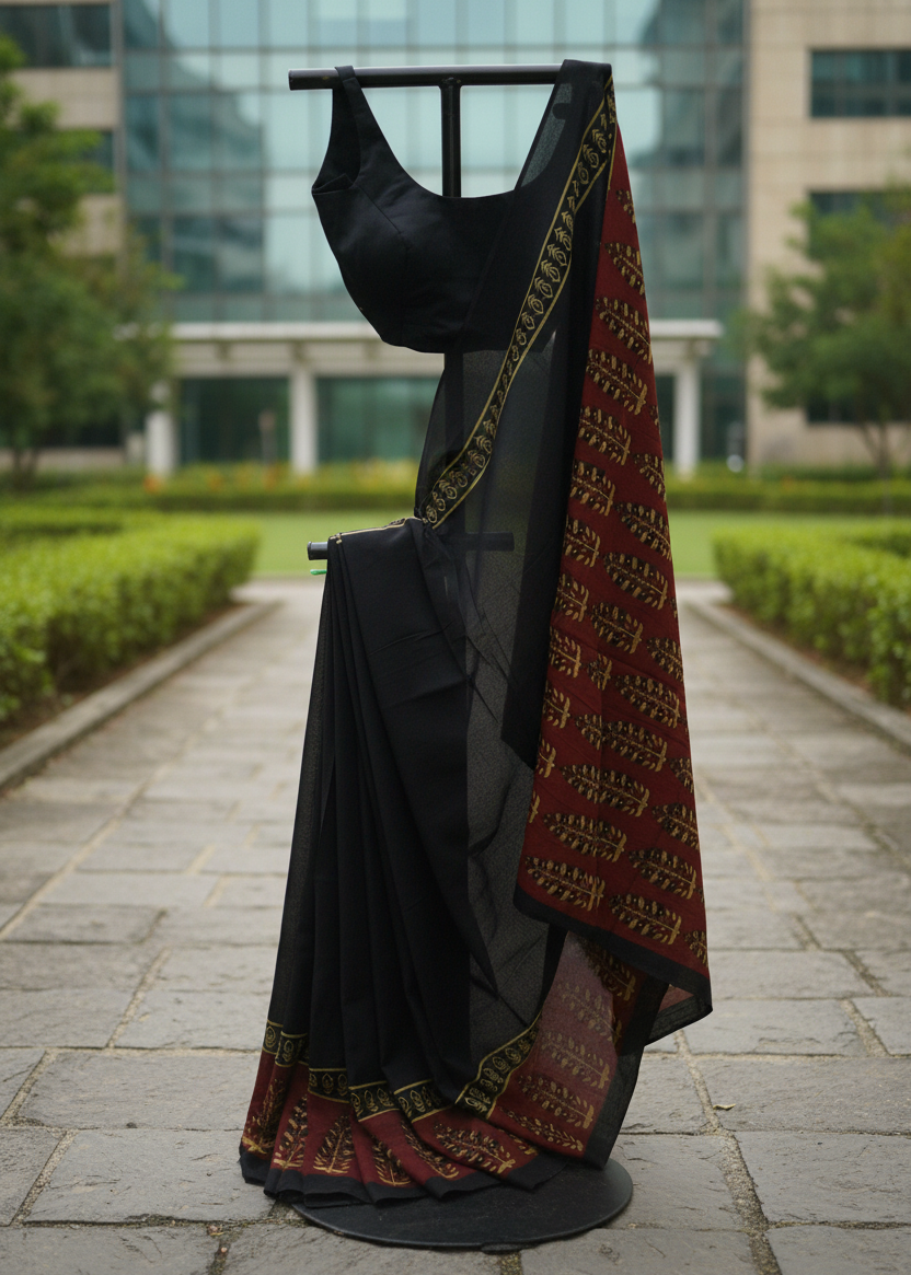 A black saree with a red and gold patterned border draped over a black dress form, set against a blurred background of a modern glass building and green hedges.