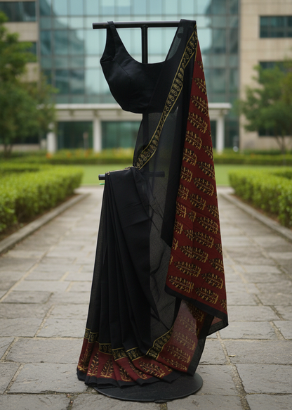 A black saree with a red and gold patterned border draped over a black dress form, set against a blurred background of a modern glass building and green hedges.