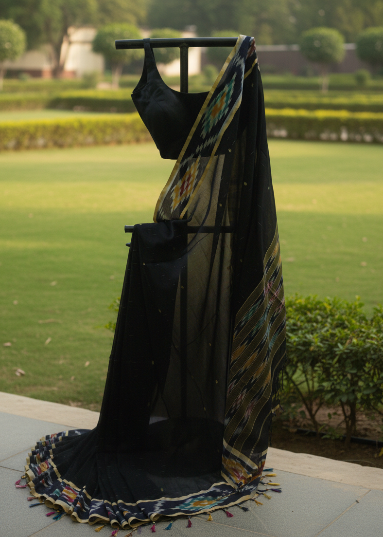 A black saree with a multicolor ikat patterned border and tassel fringe, displayed on a black clothing stand in an outdoor garden setting.