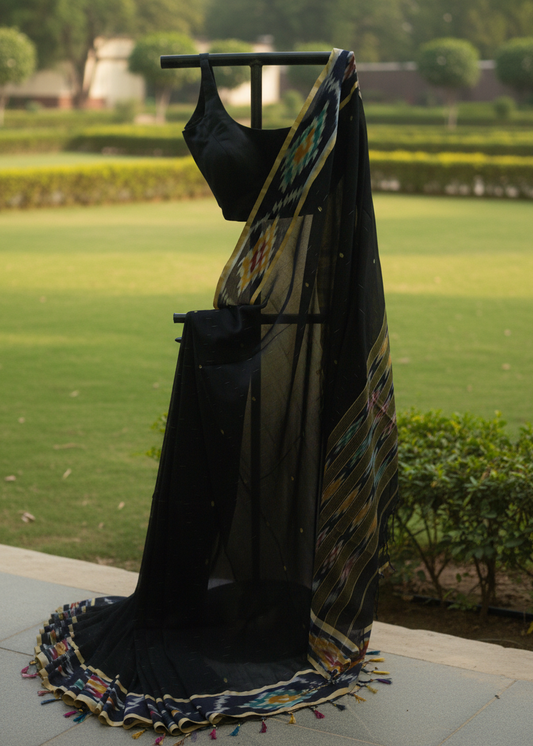 A black saree with a multicolor ikat patterned border and tassel fringe, displayed on a black clothing stand in an outdoor garden setting.