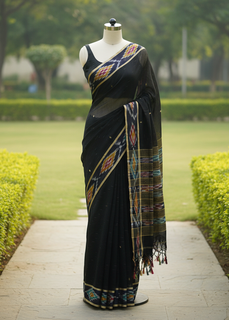 A black saree with colorful geometric patterns on the border and pallu, draped on a mannequin standing on a stone pathway in a garden.