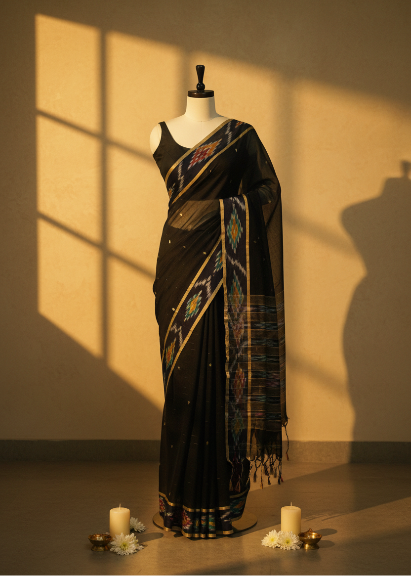 A black saree with colorful geometric patterns and gold detailing is displayed on a mannequin in a warm, sunlit room with window shadows on the wall. White candles and small flowers are placed on the floor nearby.