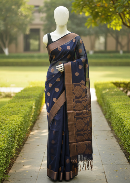 A navy blue silk saree with gold motifs and a wide brown border, displayed on a white mannequin outdoors on a garden path.