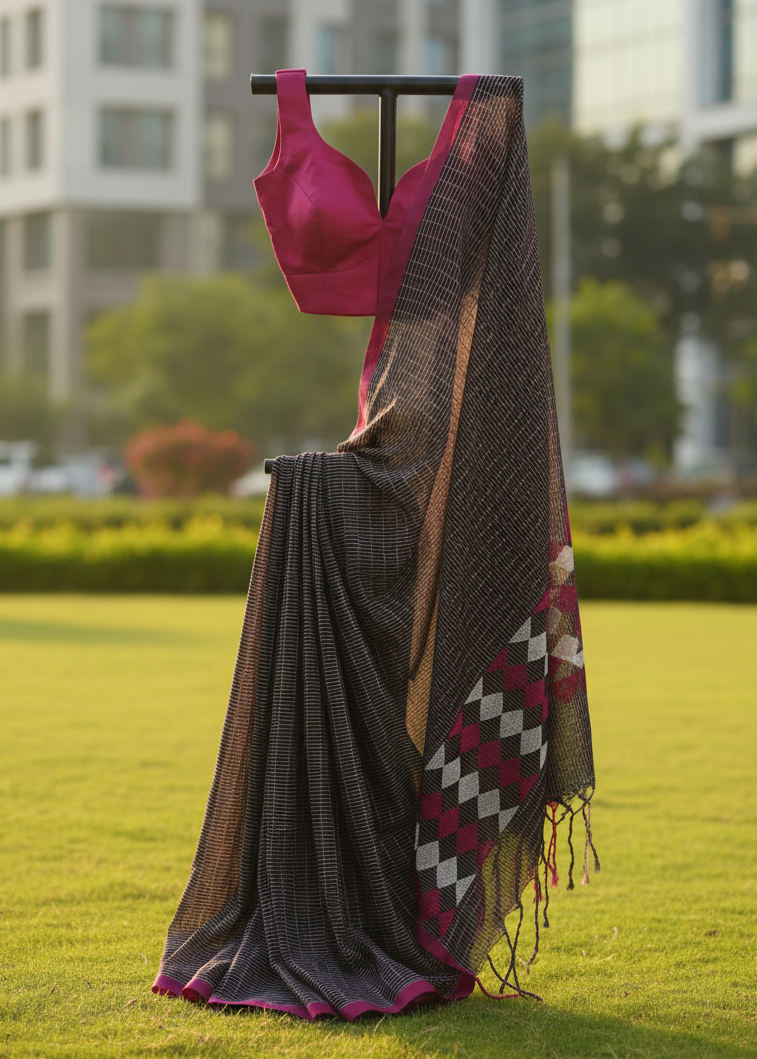 A dark gray and black saree with a magenta-pink border and a matching magenta blouse displayed on a black clothing stand in an outdoor park setting with a blurred green lawn and modern buildings in the background.